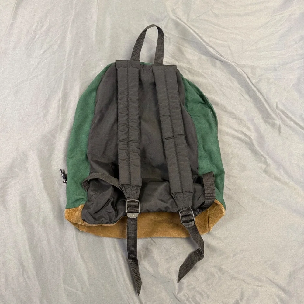 Vintage JanSport Backpack Green Canvas Brown Suede Leather Bottom School Bag